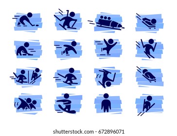 Vector collection of flat simple athlete silhouettes isolated on white background. Winter sport icons. Competition symbols. Good for advertising and poster design.