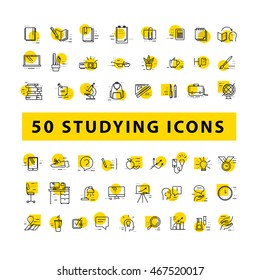 Vector collection of flat simple linear education icons isolated on white background. School studying icons design set. Knowledge, business symbols, signs. Contour drawing.