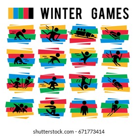 Vector collection of flat sport icons isolated on colorful backgrounds. Winter sports illustration. Human figures. Active lifestyle, season activities. Competition sign and symbol.