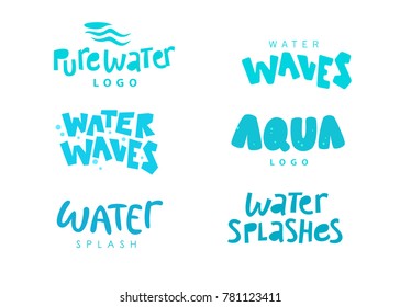 Vector collection of flat text water emblem isolated on white background. Water wave, splashes lettering. Hand written font. Good for eco pure water label, logo design, packaging label.