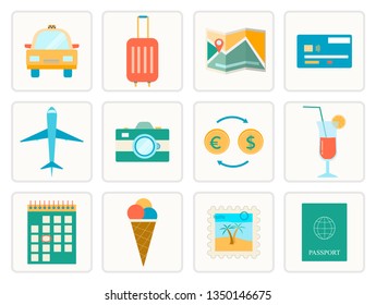 Vector collection with flat travel icons. Illustration for travelling, holiday and tourism theme