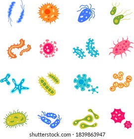 Vector collection of flat virus and microbe illustrations. Bacterium icon set. Colourful cartoon amoebas and bacillus. Beautiful collection of microorganisms.
