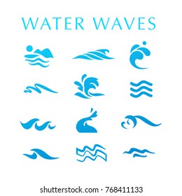 Vector collection of flat water wave icons isolated on white background. Water logo, emblem design. Blue water splashes symbol, ocean, different sea waves rolling sign.