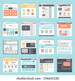 Vector collection of flat website templates on blue background.