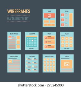 Vector collection of flat website wireframe templates on dark blue background. Set 5