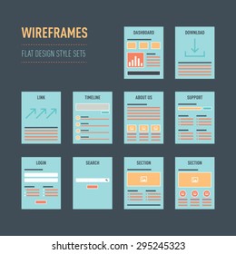 Vector collection of flat website wireframe templates on dark blue background. Set 1