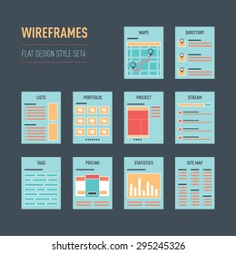 Vector collection of flat website wireframe templates on dark blue background. Set 2