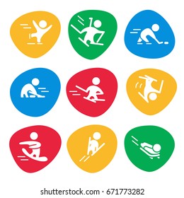 Vector collection of flat white sport icons isolated on colorful backgrounds. Winter sports activities. Athlete silhouettes. Active lifestyle. Competition sign and symbol.