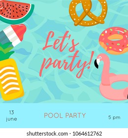 Vector collection of  floats in the pool. Ice cream, flamingo, doughnut,watermelon.	
