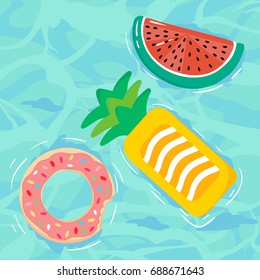 Vector collection of  floats in the pool. Pineapple, doughnut,watermelon.	
