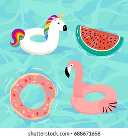 Vector collection of  floats in the pool. Unicorn, flamingo, doughnut,watermelon.	