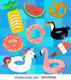 Vector collection of  floats in the pool. Unicorn, flamingo, doughnut,toucan,pineapple,watermelon,toucan,ice cream,bagel.	
