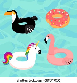 Vector collection of  floats in the pool. Unicorn, flamingo, doughnut,toucan.	
