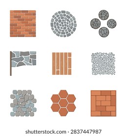 Vector collection of floor material samples including brick stone wood and gravel patterns for outdoor spaces. Ideal for architectural landscape planning.