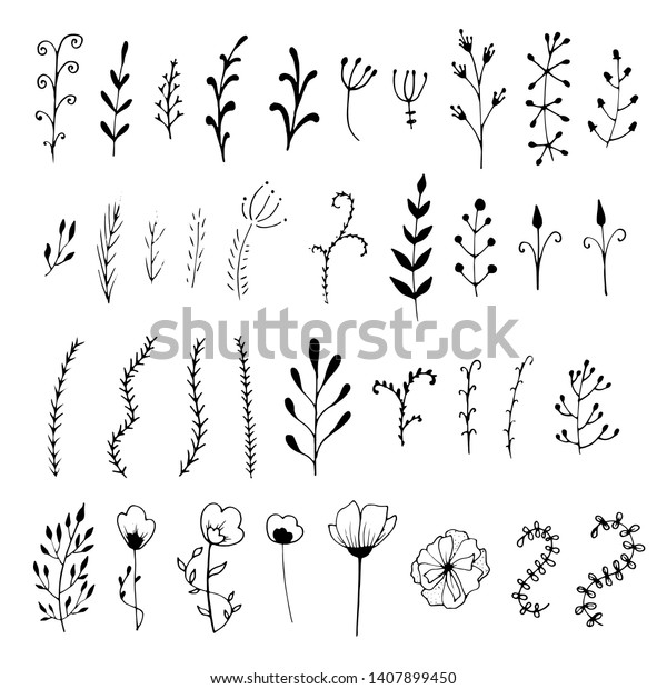 Vector collection of floral ornament\
dividers isolated on white background. Sketch leaves and flowers in\
hand drawn style for concept\
design