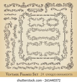 Vector collection of floral swirls, frames, decorative elements and seamless borders, hand drawn Medieval ornaments