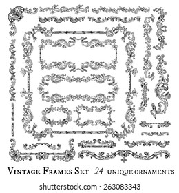 Vector collection of floral swirls, frames, decorative elements and seamless borders, hand drawn Medieval ornaments