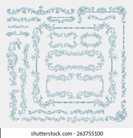 Vector collection of floral swirls, frames, decorative elements and seamless borders, hand drawn Medieval ornaments