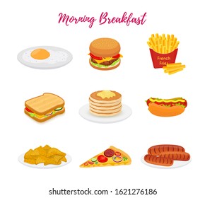 Vector collection of food for breakfast, brunch set. Fried egg, sausages, sandwich and hamburger. Snack, pastry for restaurants, menu. Cartoon flat style.
