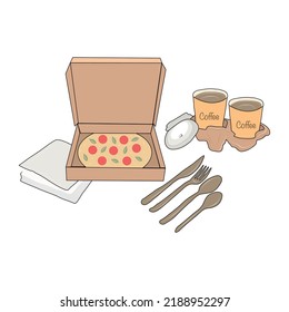 Vector collection of food delivery.  Mobile app.  Payment by card.  Disposable cutlery and wipes.  Drinks and food.  Colorful flat illustration.