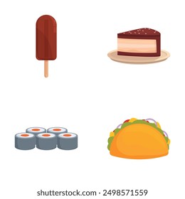 Vector collection of food items including an ice pop, cake, sushi, and taco