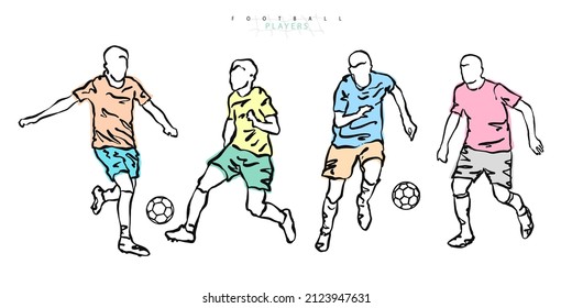 Vector collection, football players. Sports illustrations hand drawn for the design of flyers, banners, posters, jerseys, soccer ball.