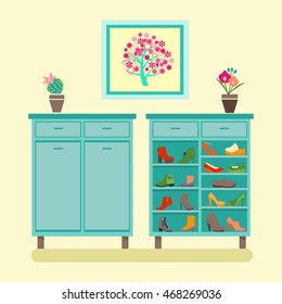 Vector collection of Footwear  shoes on shelves of dressing room in flat style. Different types of women's and men's shoes.