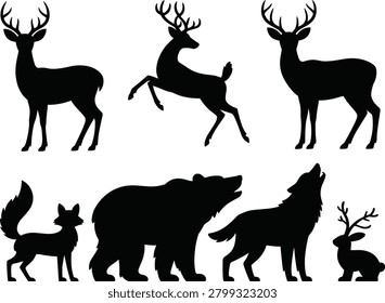 Vector collection of forest animal silhouettes including standing and jumping deer grizzly bear howling wolf fox and horned rabbit.