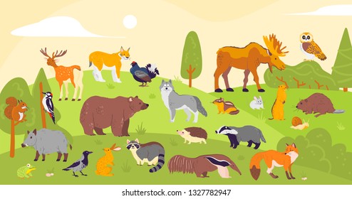Vector collection of forest animals and birds: bear, fox, hare, owl isolated on woodland landscape background. Flat hand drawn style. Good for children book illustration, alphabet, banner, zoo etc. - Shutterstock ID 1327782947