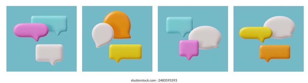 A vector collection of four 3D illustrations in the form of empty speech bubbles, ideal for visual design of SMS. Realistic icon design for clear messaging.