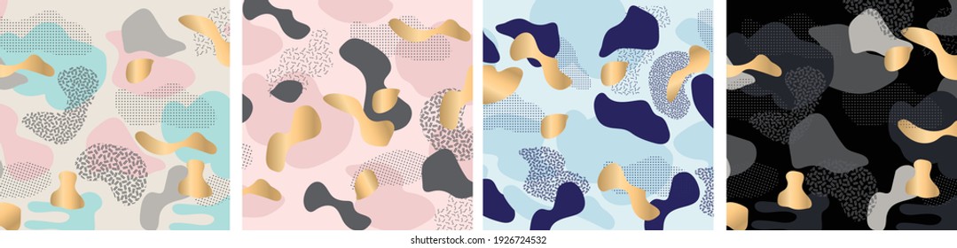 vector collection of four abstract backgrounds in dynamic composition of shapes with different pastel, black and gold color shades. Camouflage pattern. Gold elements. Banner illustration.