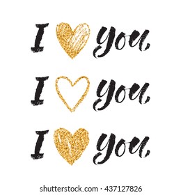 Vector collection of four amour cards template. Set of glitter graphic elements and patterns, calligraphic phrase for your design. Posters or postcards with gold sparkles. I love you