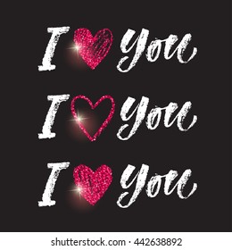 Vector collection of four amour cards template. Set of glitter graphic elements and patterns, calligraphic phrase for your design. Posters or postcards with gold sparkles. I love you