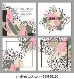 Vector collection of four artistic cards with hand drown ink strokes and geometric elements. Design for poster, card, invitation, placard, brochure, flyer.