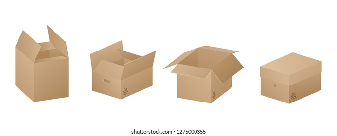 Vector collection of four beautiful realistic brown carton paper boxes on white background.