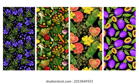 Vector collection of four bright summer seamless patterns. Aconites, vegetables, plums.