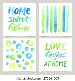 Vector collection of four cards template. Set of home. Watercolor elements and patterns, calligraphic phrase for your design. Home sweet home