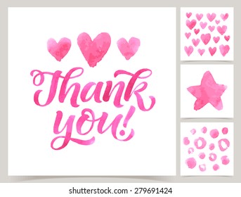 Vector collection of four cards template. Set of love. Watercolor elements and patterns, calligraphic phrase for your design: Thank you. Graphic illustrations for posters or postcards.