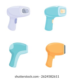 Vector collection of four colorful digital infrared thermometers in a flat design style