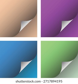 colección de Vector de cuatro pegatinas cuadradas de colores con esquinas rizadas realistas y efectos de pelado de página. Etiquetas de papel en blanco con Gradientes en azul, verde, púrpura y beige, perfecto para Anuncios de Web, etiquetas de promoción o Plantillas de diseño.
