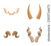 Vector collection of four different animal horns and antlers isolated on white background