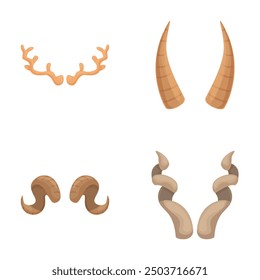 Vector collection of four different animal horns and antlers isolated on white background