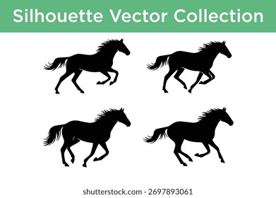 Vector collection of four dynamic running horse silhouettes in black, perfect for design projects and illustrations.