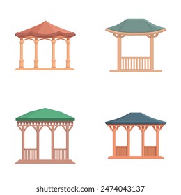 Vector collection of four isolated gazebos, each with unique designs, ideal for landscape and garden layouts