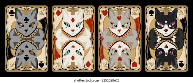 Vector collection of four kings with heads of cats. Playing cards. King of clubs, diamonds, hearts and spades. Golden decor. Isolated on black background.