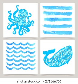 Vector collection of four marine cards template. Set of sea. Watercolor elements and patterns, calligraphic phrase for your design