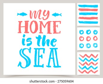 Vector collection of four marine cards template. Set of sea. Watercolor elements and patterns, calligraphic phrase for your design