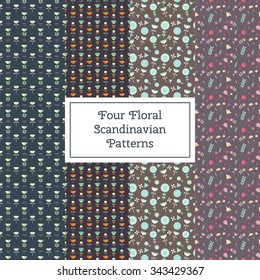 Vector Collection of four Scandinavian style floral patterns. Colorful flower scandi patterns perfect for fabric, paper, wedding invitation, label, tag, clothe and much more