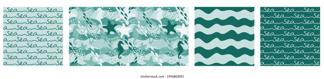 Vector collection of four seamless blue-green patterns on maritime theme. Lettering, waves, seahorses, starfishes and water bubbles.