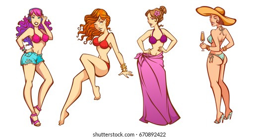 vector collection of four summer young lady in swimsuits and summer dress